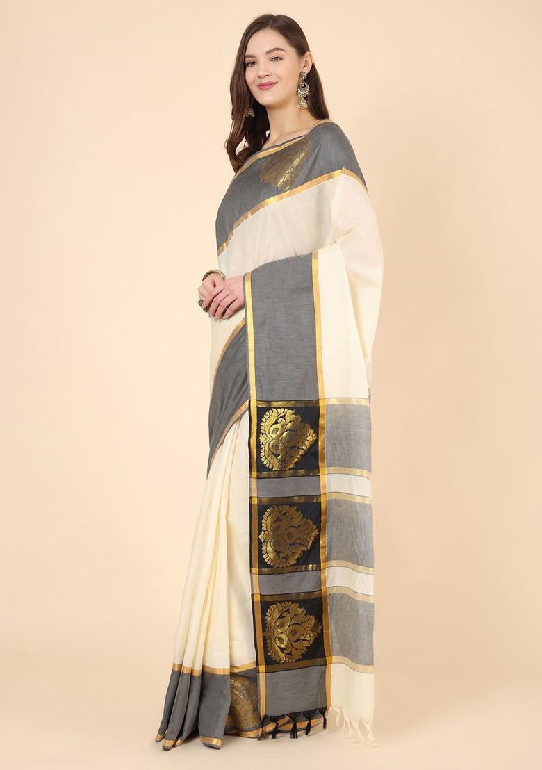 Off White Solid Cotton Saree Set - Indya