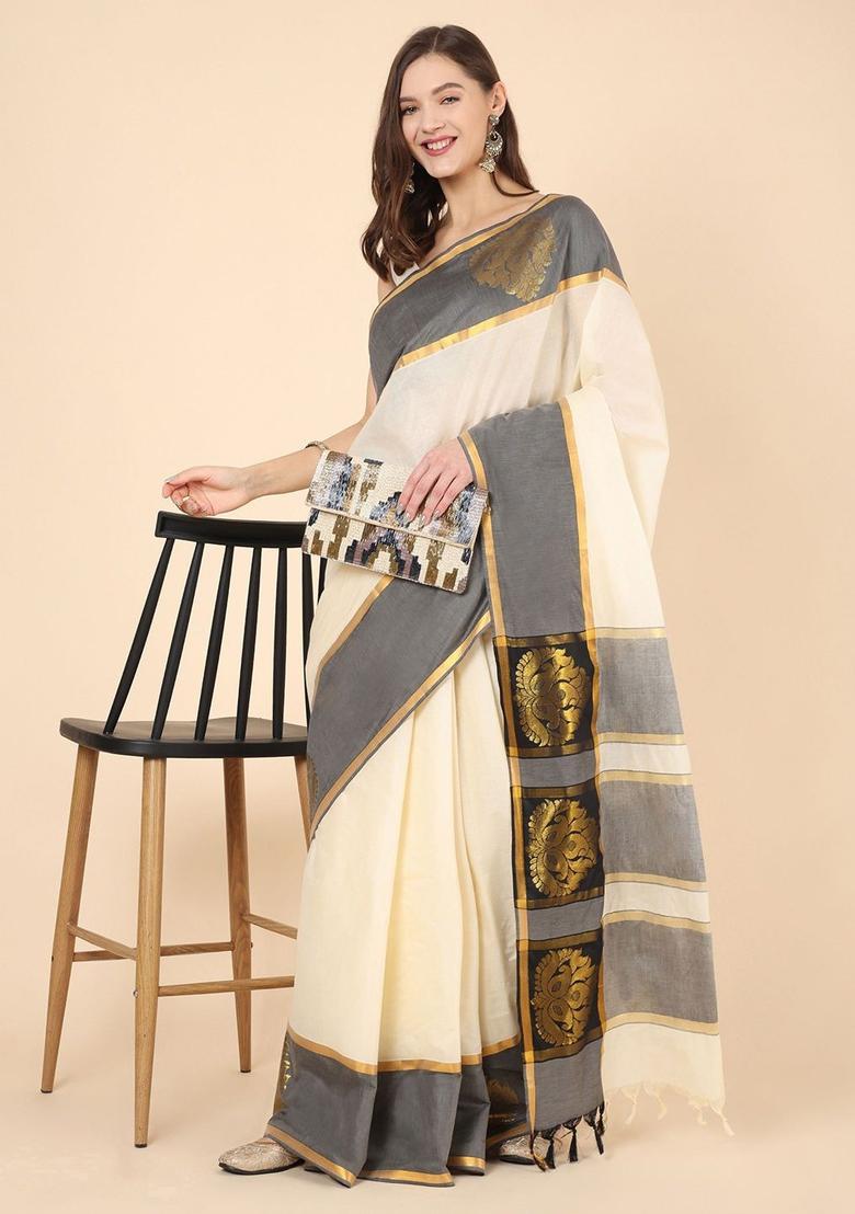 Off White Solid Cotton Saree Set - Indya
