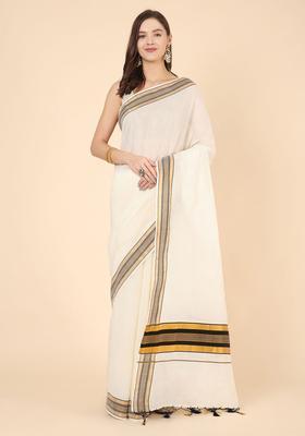 Off White Solid Cotton Saree Set