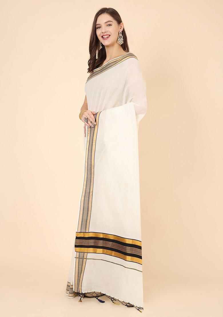 Off White Solid Cotton Saree Set - Indya