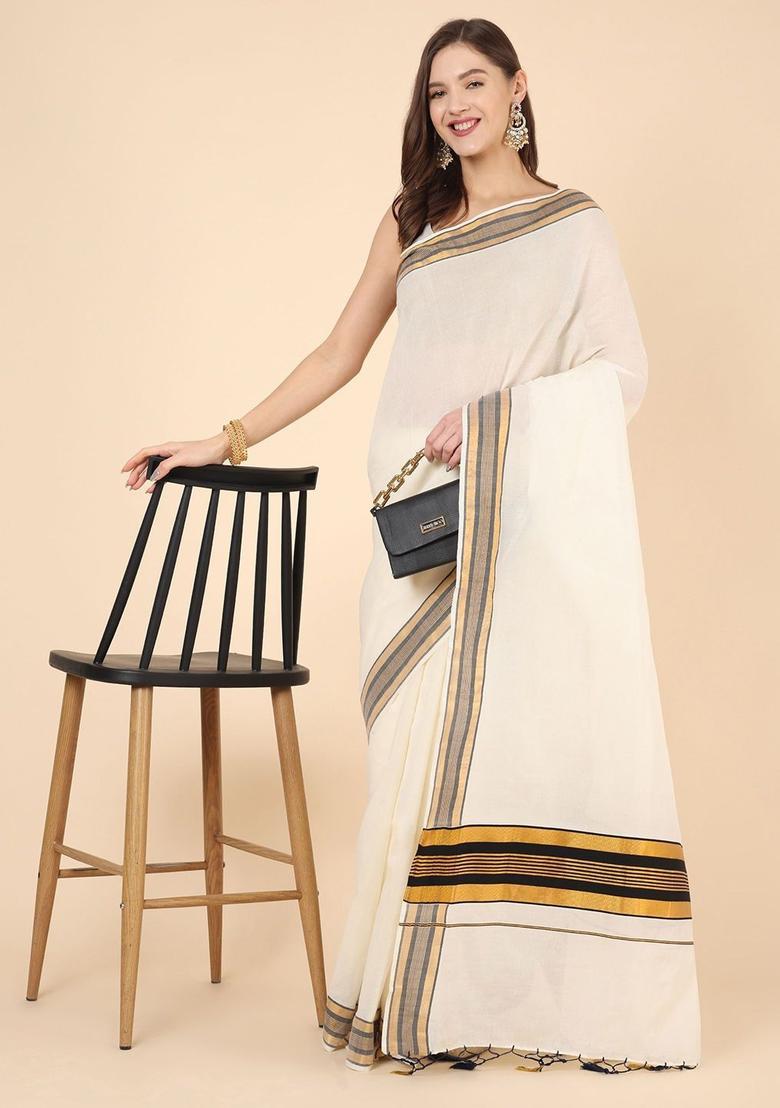 Off White Solid Cotton Saree Set - Indya