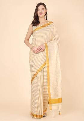 Off White Striped Cotton Saree Set