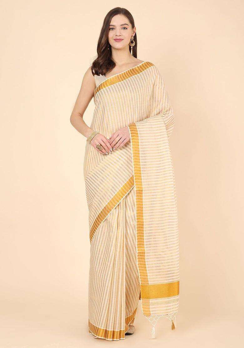 Off White Striped Cotton Saree Set for Diwali | Wedding & Festive Wear - Indya