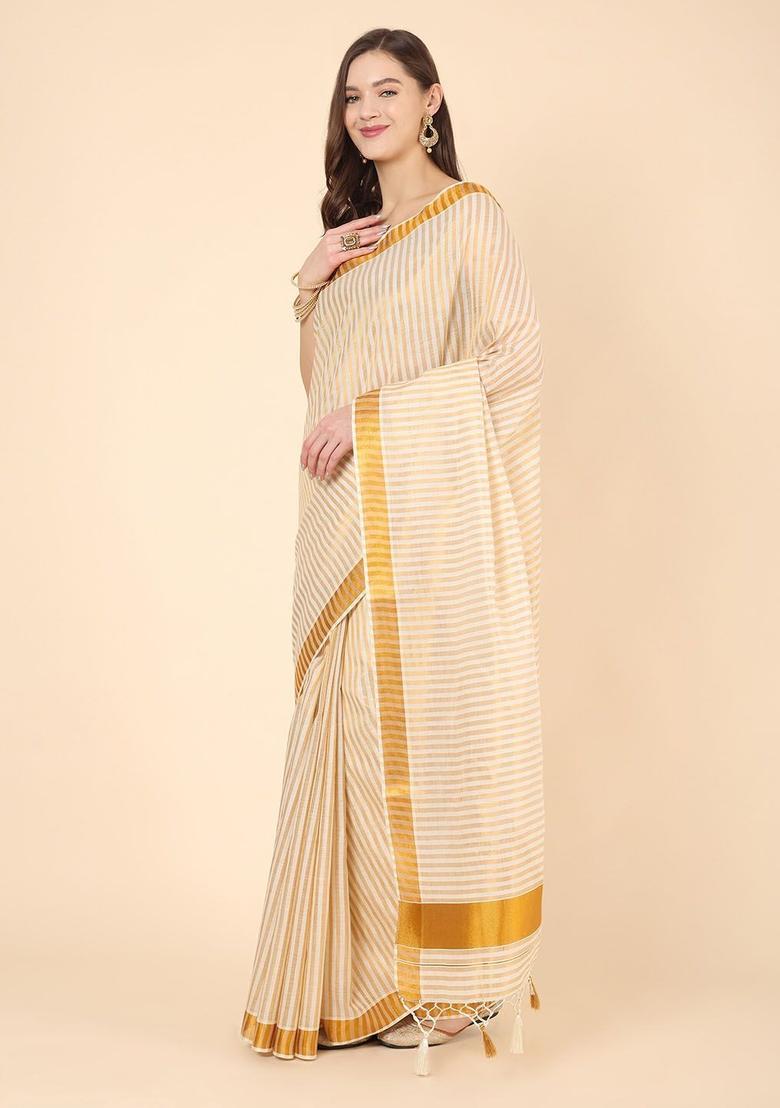 Off White Striped Cotton Saree Set - Indya