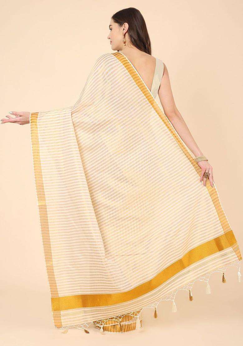 Off White Striped Cotton Saree Set for Diwali | Wedding & Festive Wear - Indya