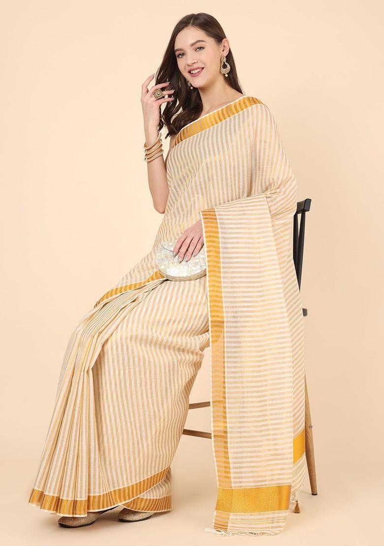 Off White Striped Cotton Saree Set - Indya
