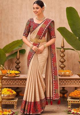 Beige Printed Silk Saree Set