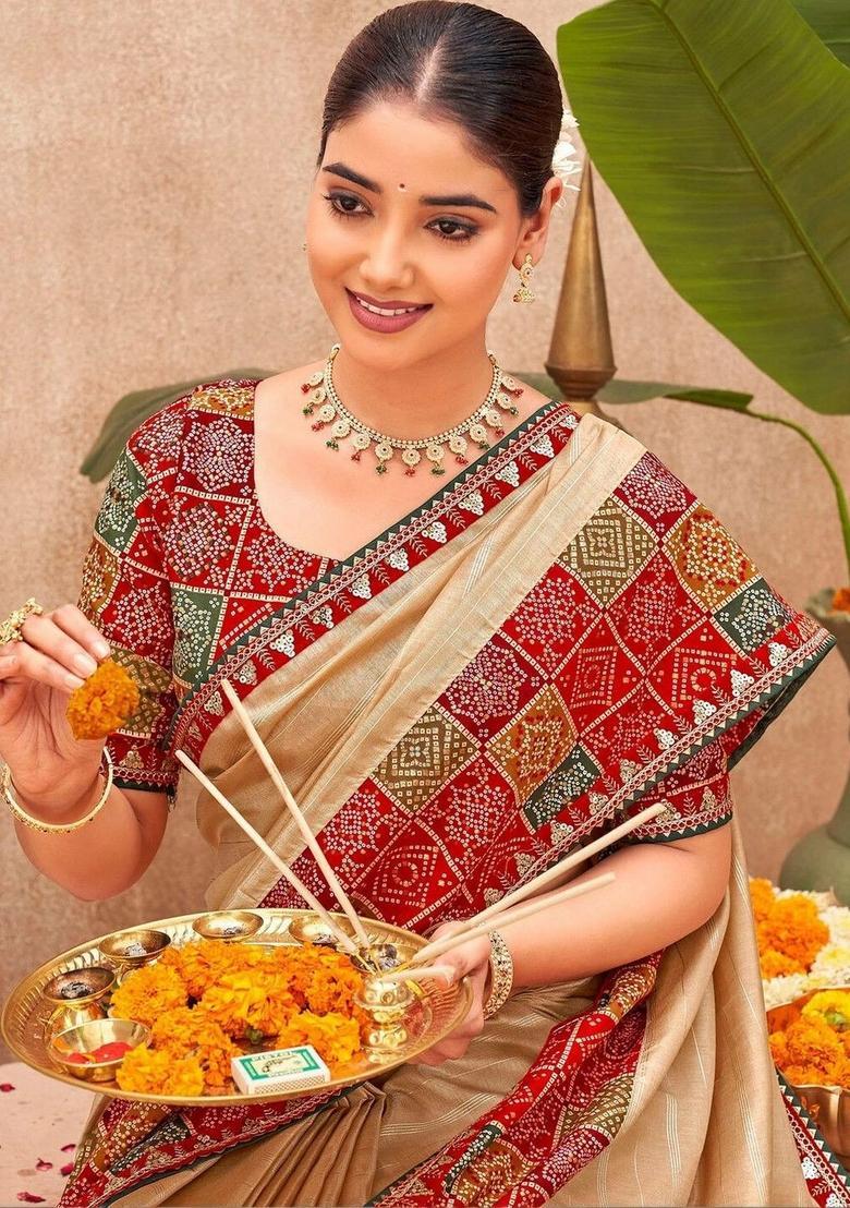 Beige Printed Silk Saree Set - Indya
