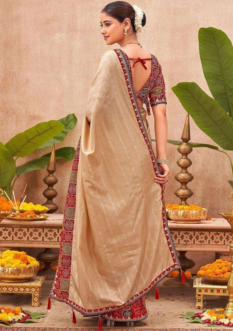 Beige Silk Saree Set with Printed for Diwali | Wedding & Festive Wear - Indya