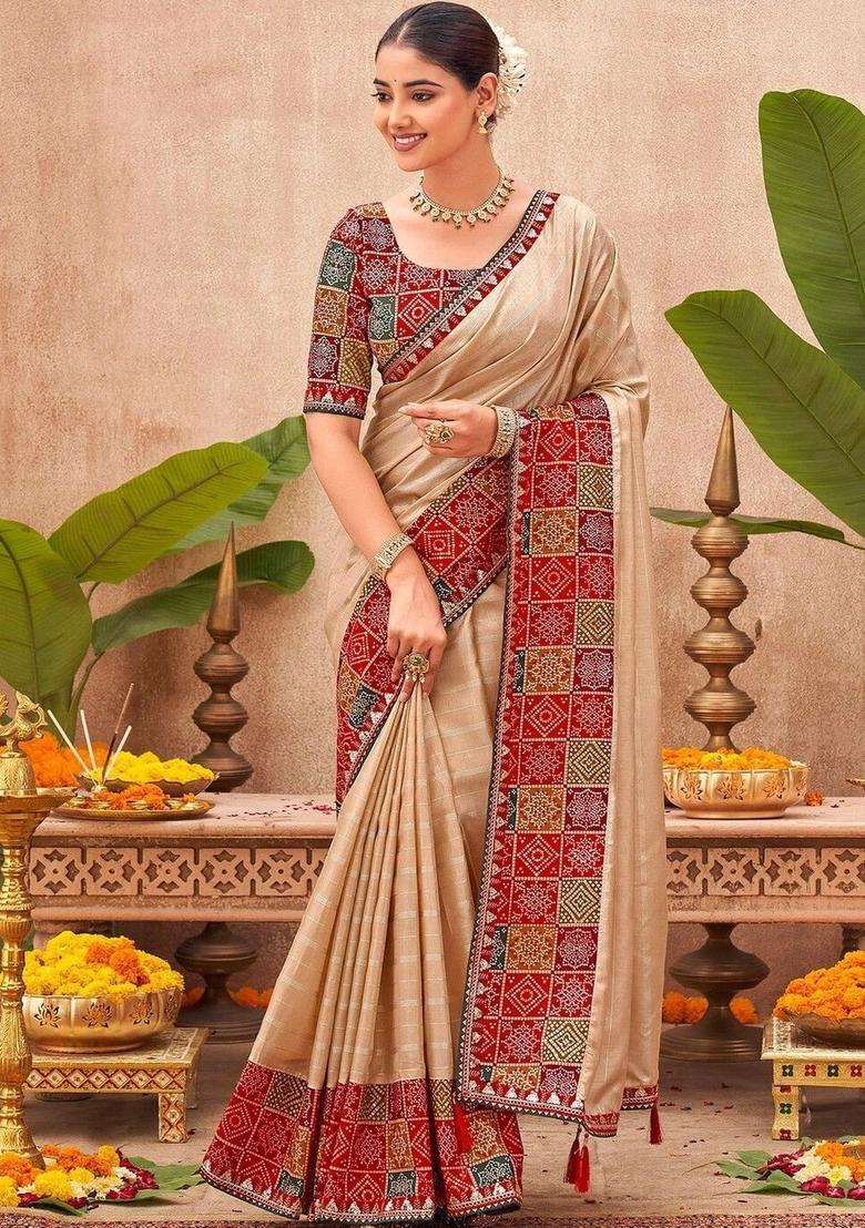 Beige Printed Silk Saree Set - Indya
