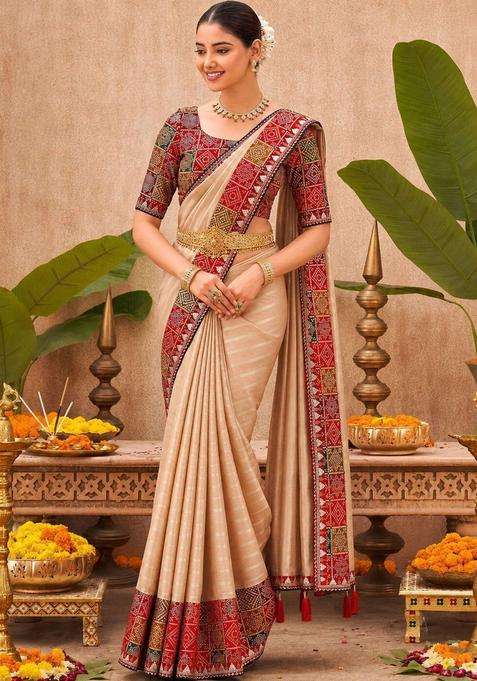 Beige Silk Saree Set with Printed for Diwali | Wedding & Festive Wear