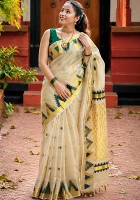 Off White Woven Design Tissue Saree Set