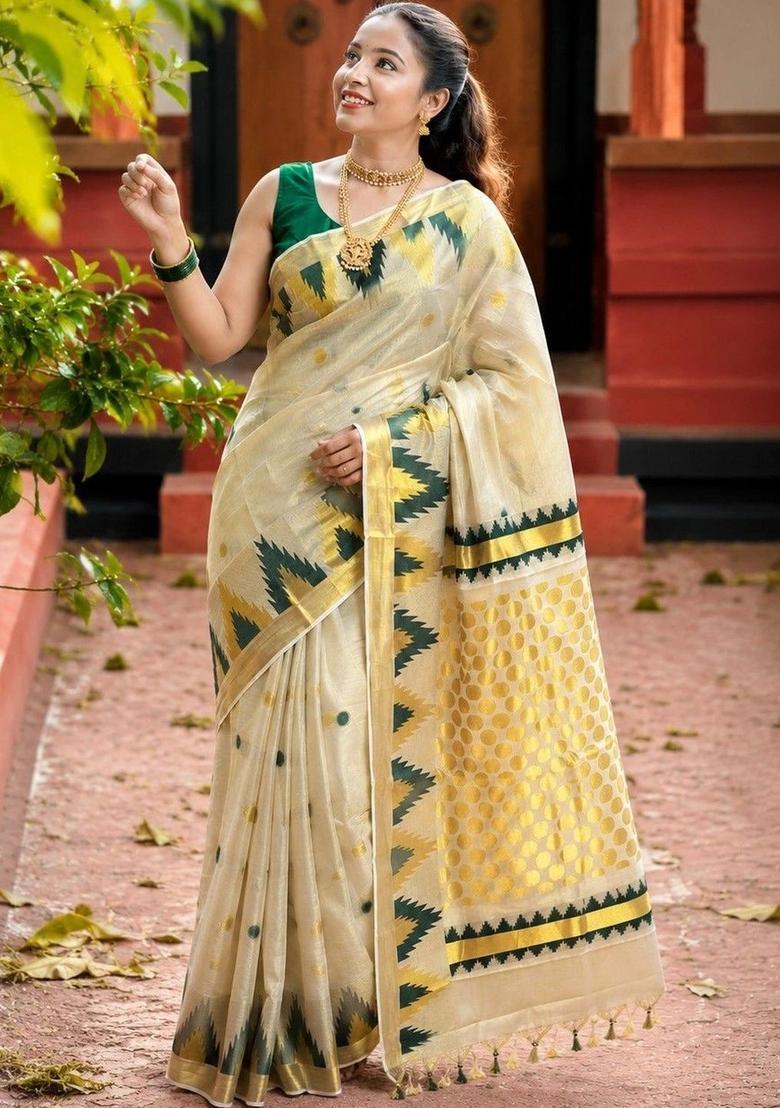 Off White Woven Design Tissue Saree Set - Indya