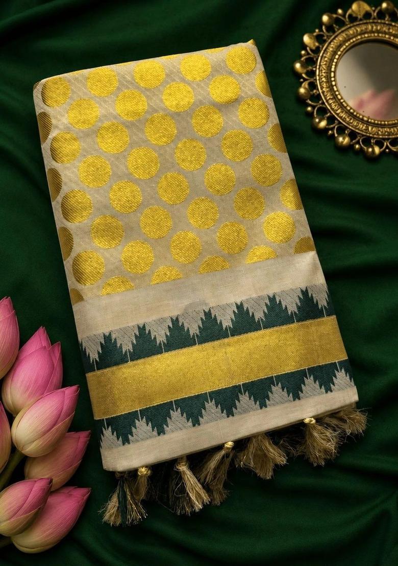 Off White Woven Design Tissue Saree Set - Indya