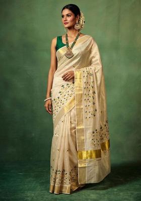 Off White Embroidered Tissue Saree Set