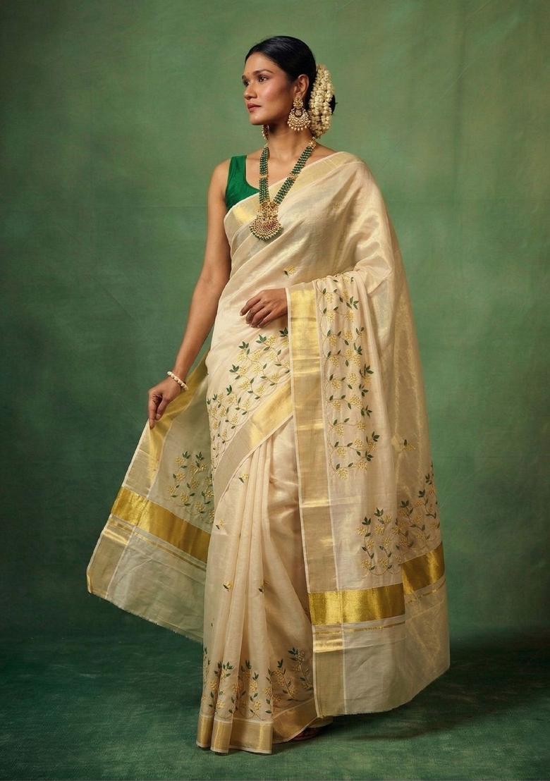 Off White Embroidered Tissue Saree Set - Indya