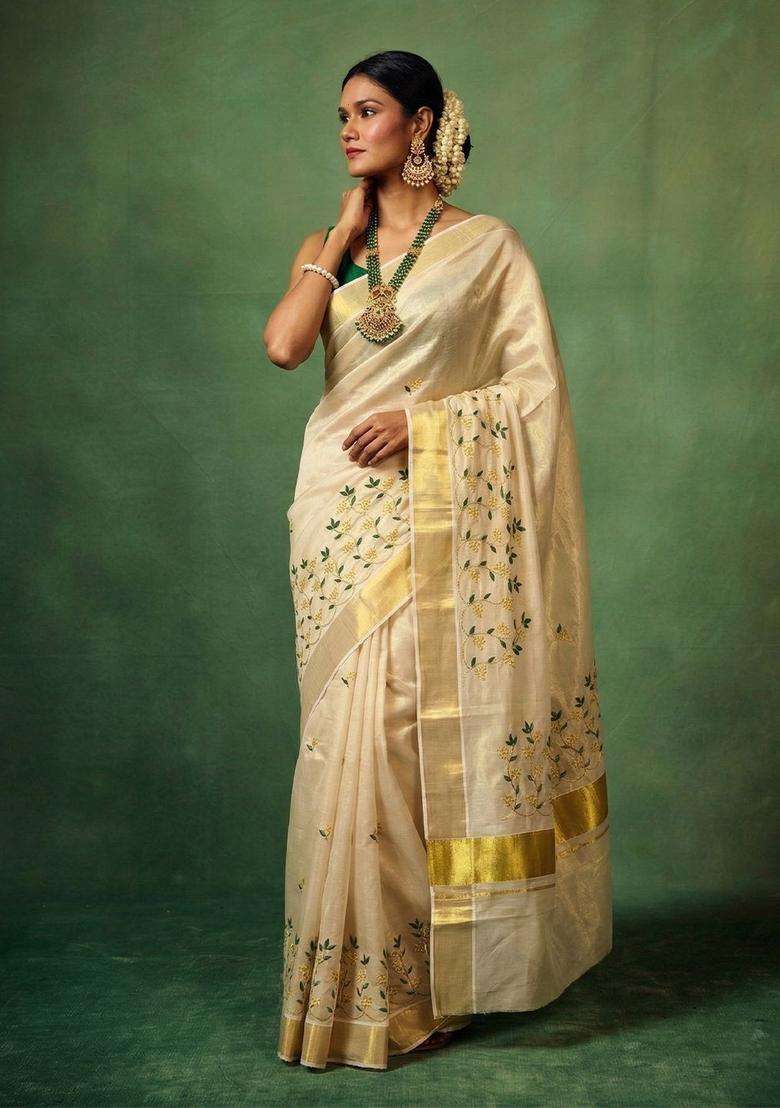 Off White Embroidered Tissue Saree Set for Diwali and Festive Wear - Indya