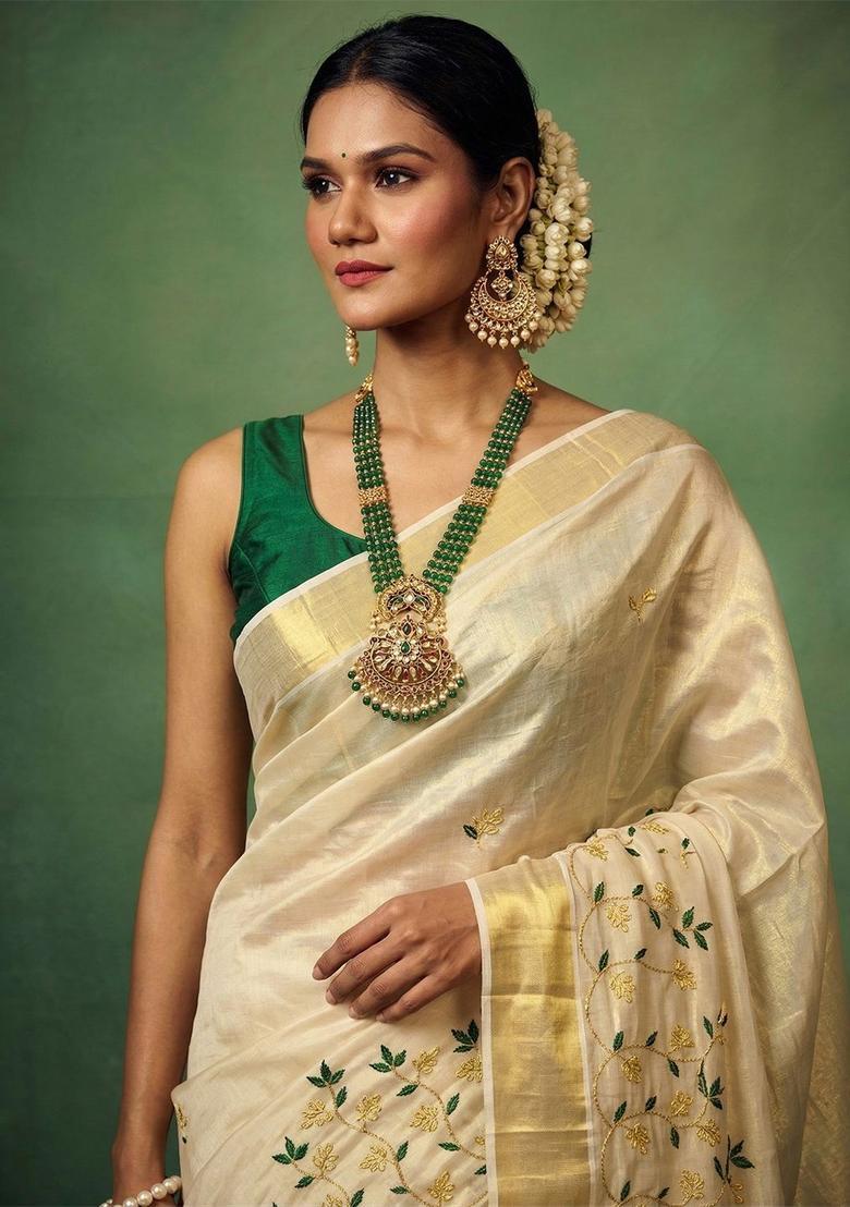 Off White Embroidered Tissue Saree Set - Indya