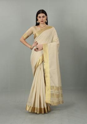 Cream Solid Cotton Saree Set