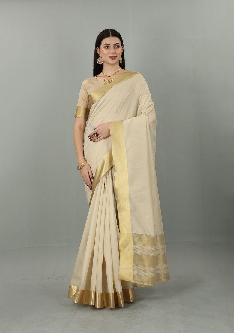 Cream Solid Cotton Saree Set - Indya