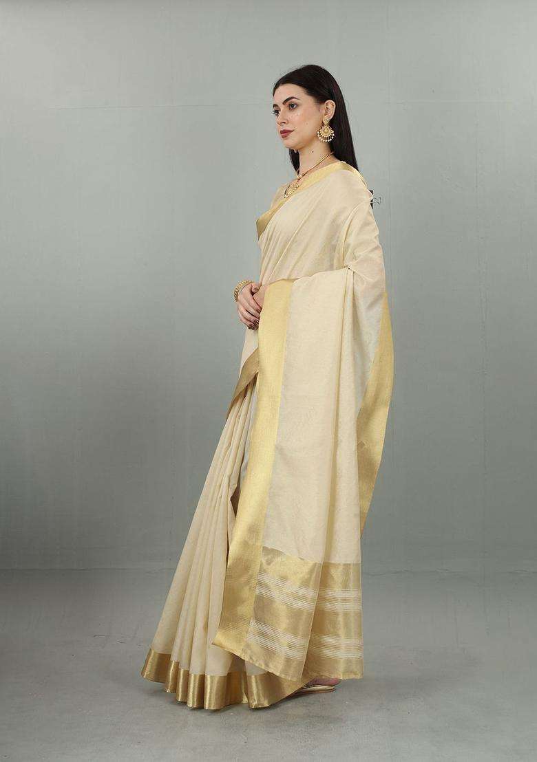 Cream Solid Cotton Saree Set for Diwali | Wedding & Festive Wear - Indya