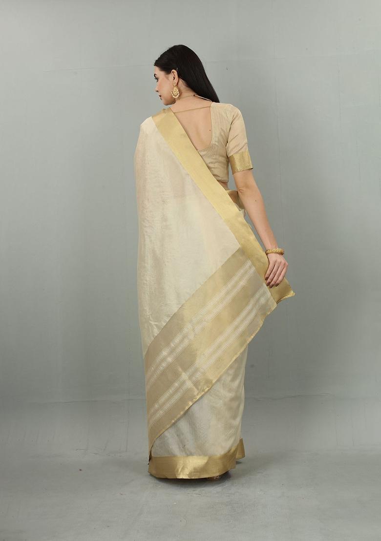 Cream Solid Cotton Saree Set - Indya