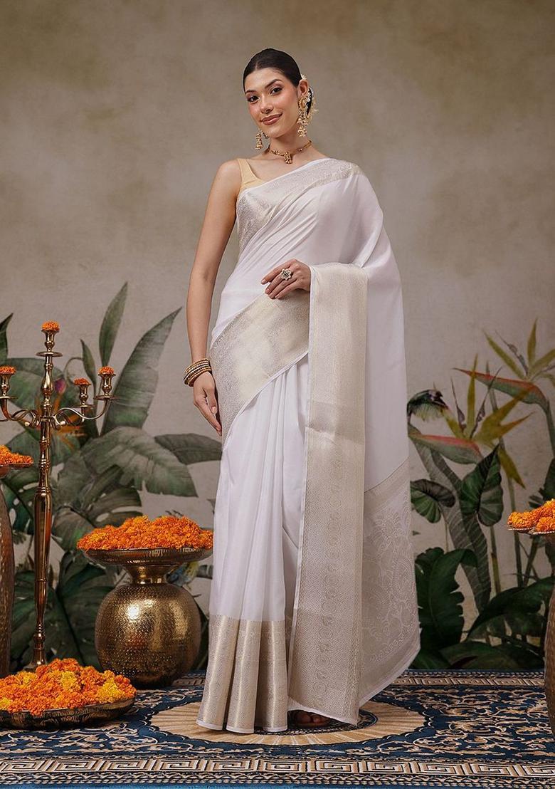 Off White Woven Design Silk Saree Set - Indya