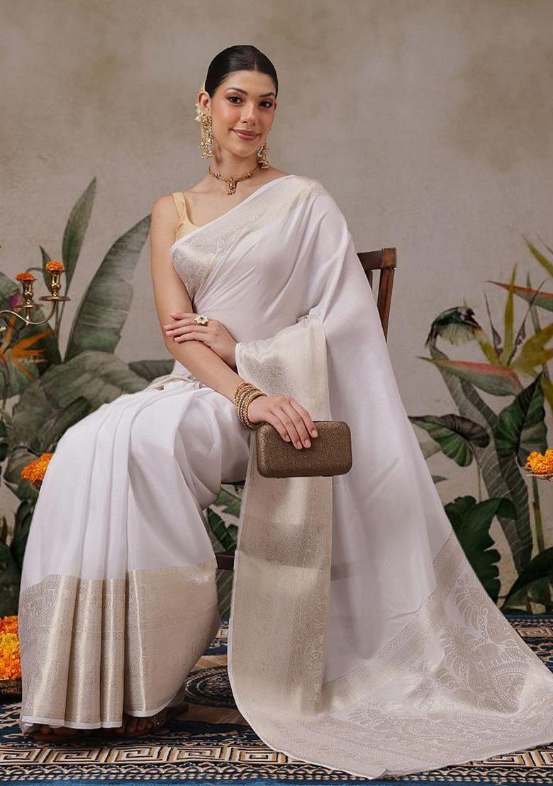 Off White Woven Design Silk Saree Set - Indya