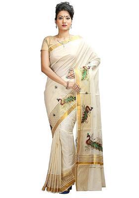 Off White Embroidered Cotton Saree Set
