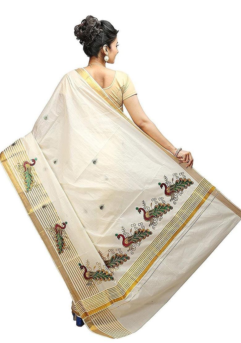 Off White Embroidered Cotton Saree Set - Indya