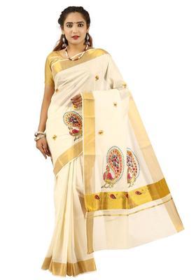 Off White Embroidered Cotton Saree Set