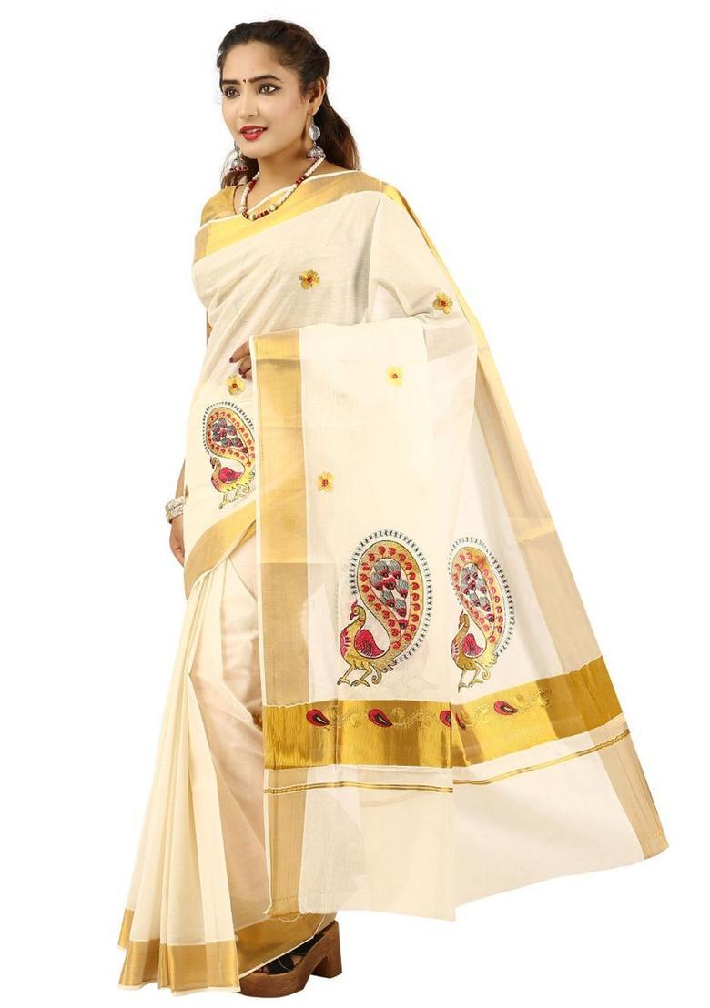 Off White Embroidered Cotton Saree Set - Indya