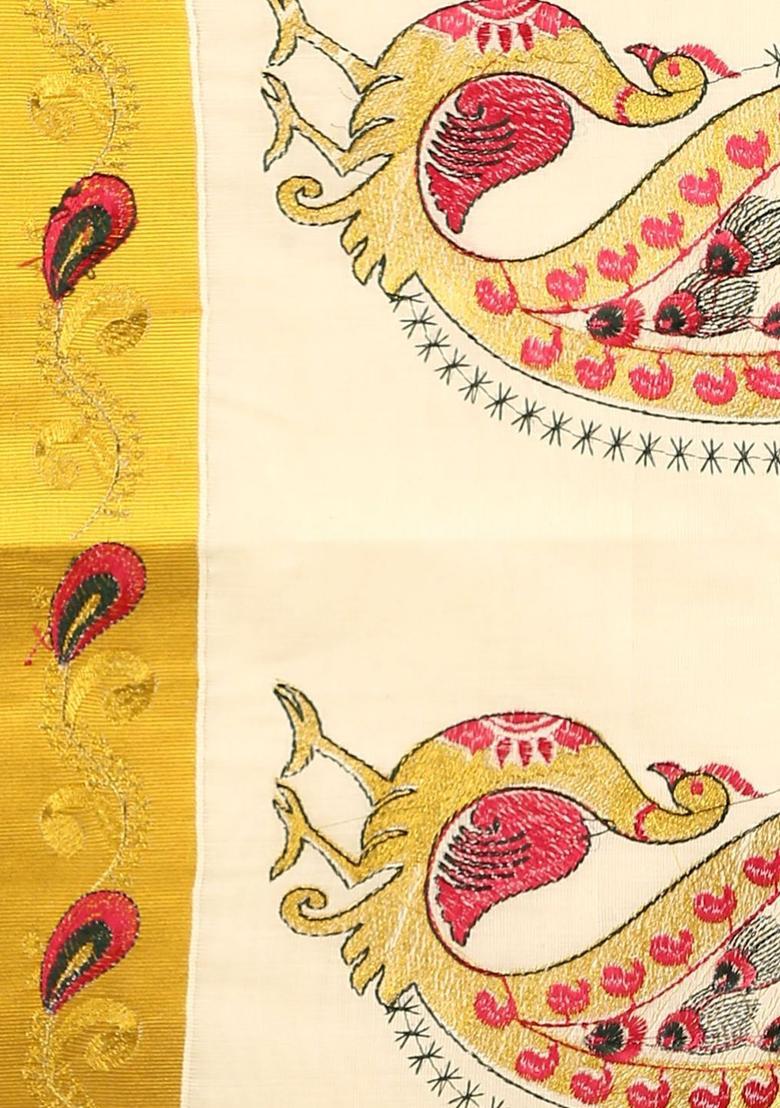 Off White Embroidered Cotton Saree Set - Indya
