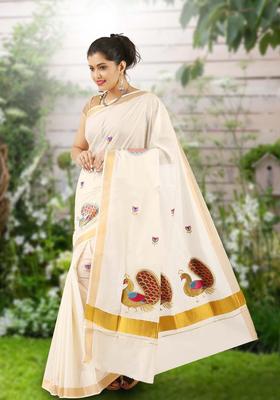 Off White Embroidered Cotton Saree Set