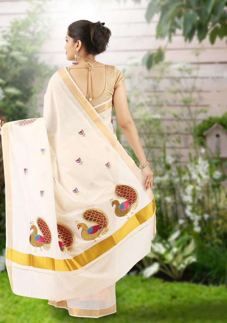 Off White Embroidered Cotton Saree Set - Indya