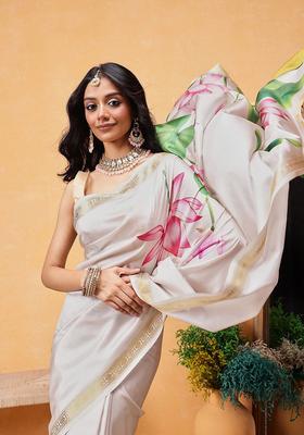 Off White Printed Silk Saree Set