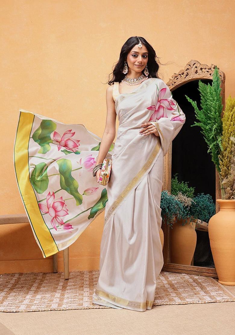 Off White Printed Silk Saree Set - Indya
