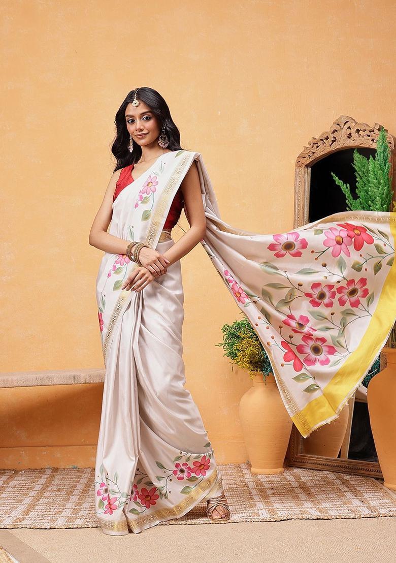 Off White Printed Silk Saree Set - Indya