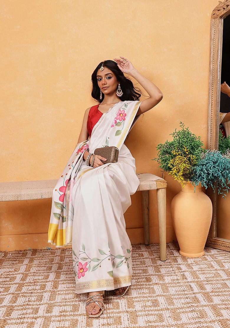 Off White Printed Silk Saree Set - Indya