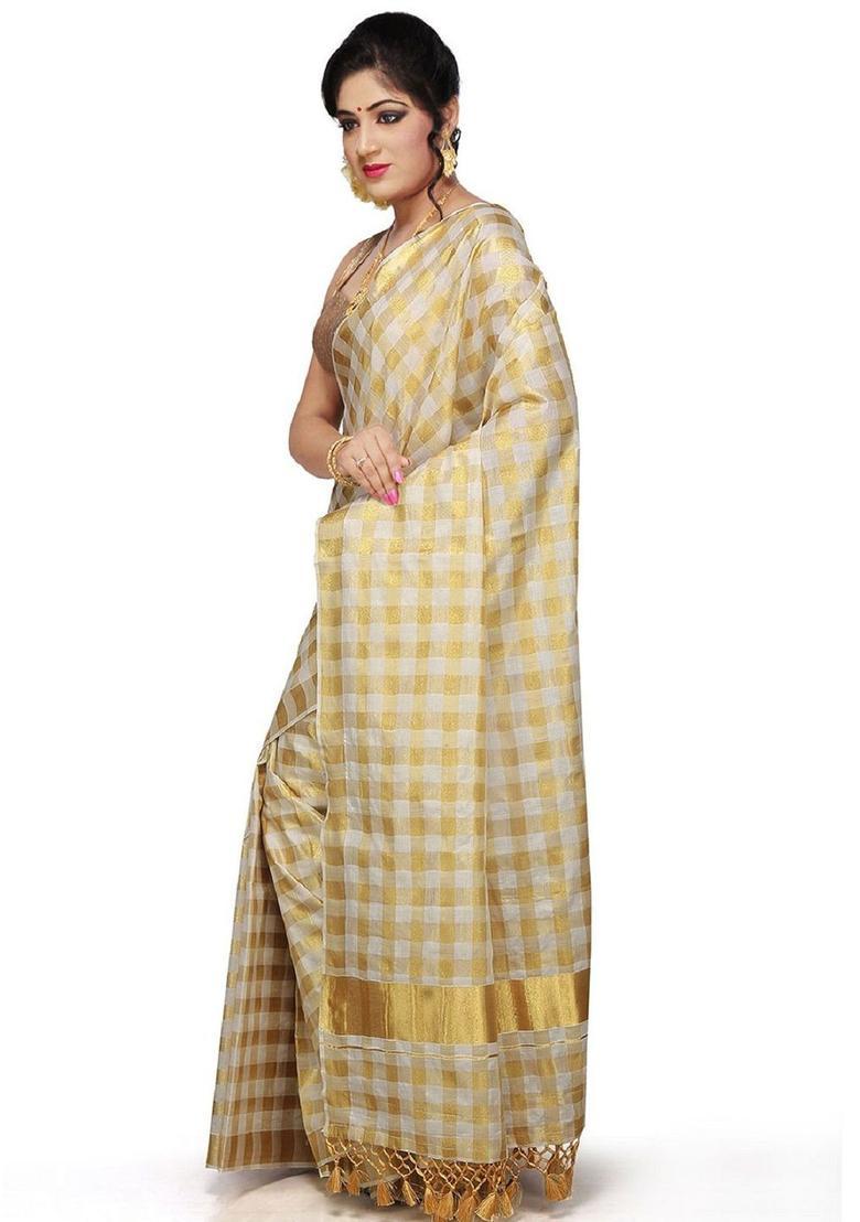 Off White Woven Design Cotton Saree Set - Indya