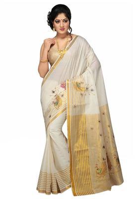 Off White Woven Design Cotton Saree Set