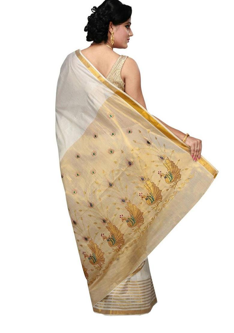 Off White Woven Design Cotton Saree Set - Indya