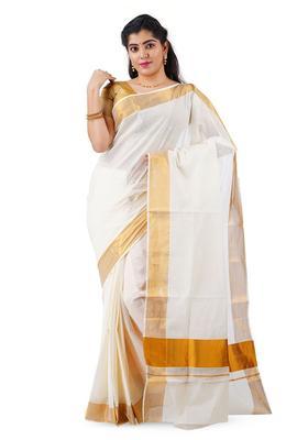 Off White Solid Cotton Saree Set
