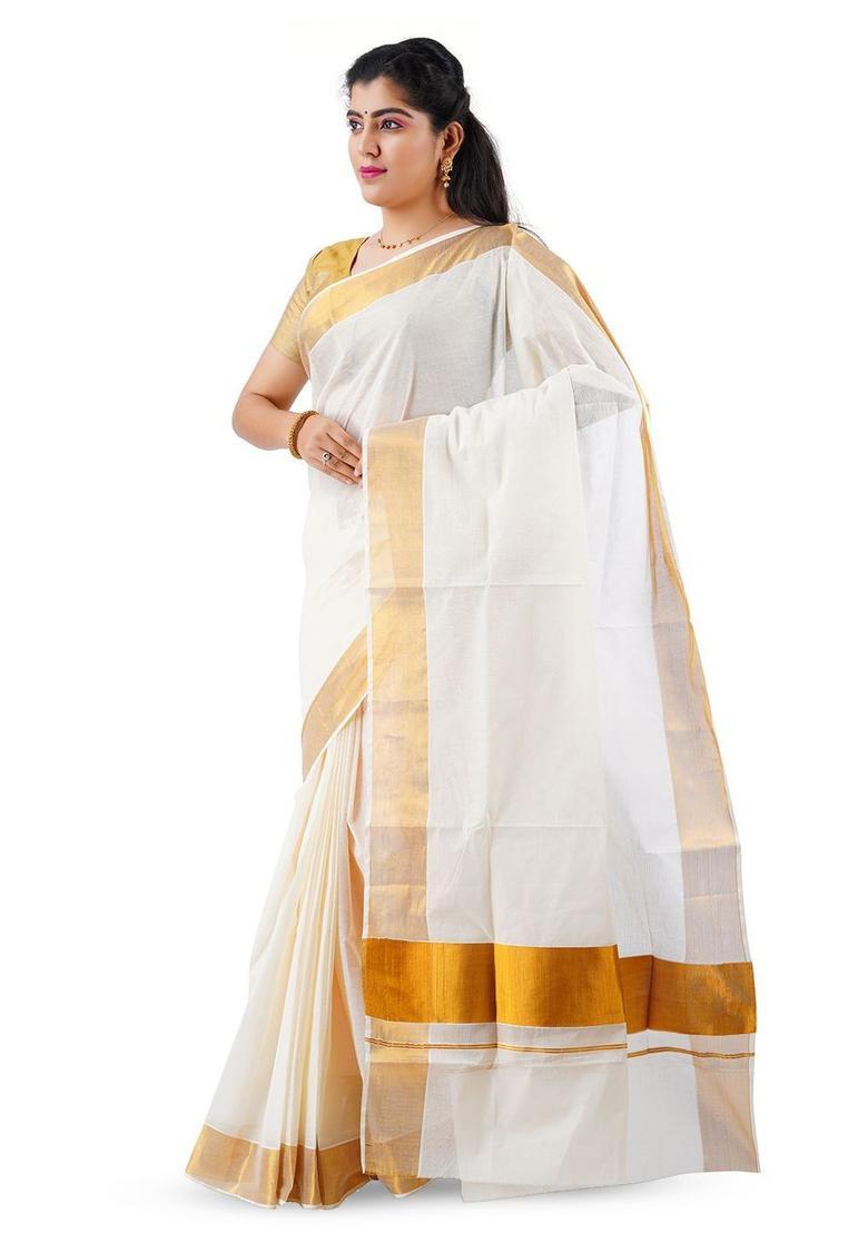 Off White Solid Cotton Saree Set - Indya