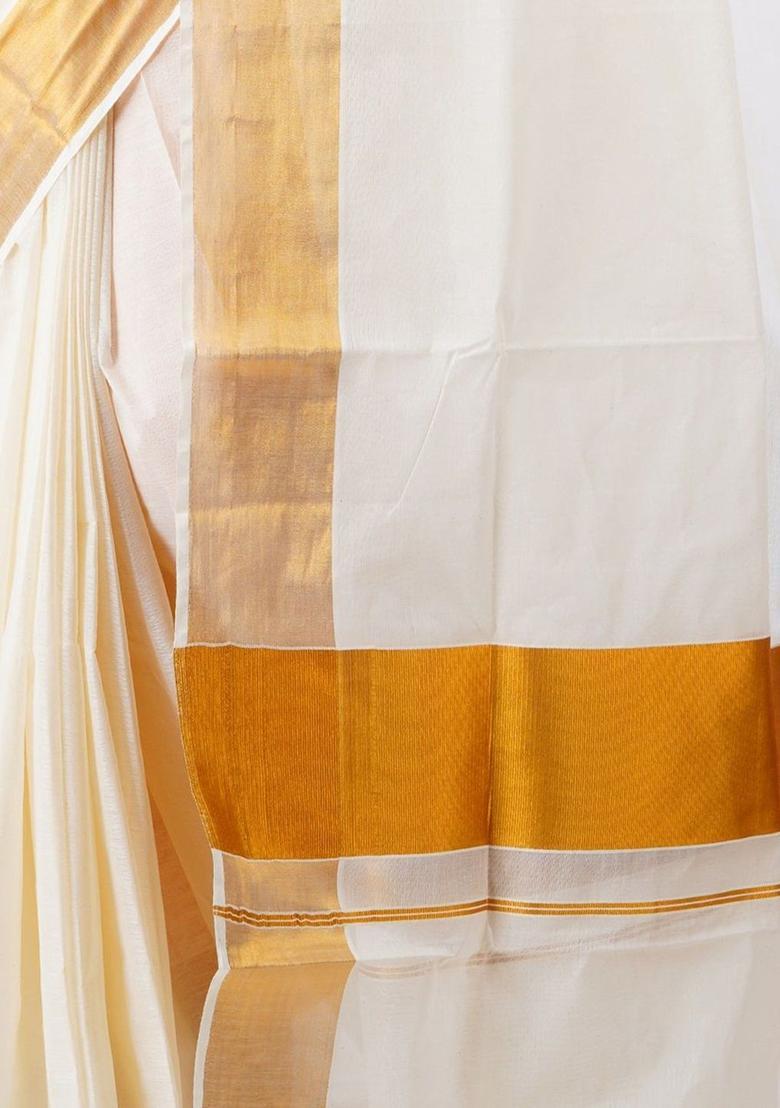 Off White Solid Cotton Saree Set - Indya