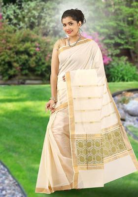 Off White Woven Design Cotton Saree Set