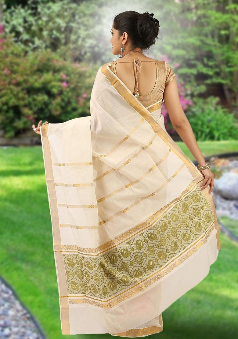 Off White Woven Design Cotton Saree Set - Indya