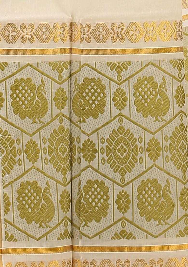 Off White Woven Design Cotton Saree Set - Indya