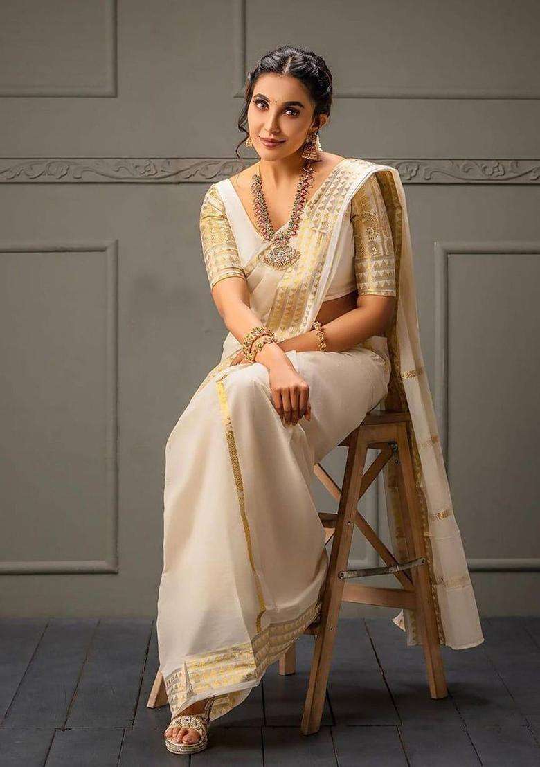 Beige Woven Design Silk Saree Set for Diwali and Festive Wear - Indya