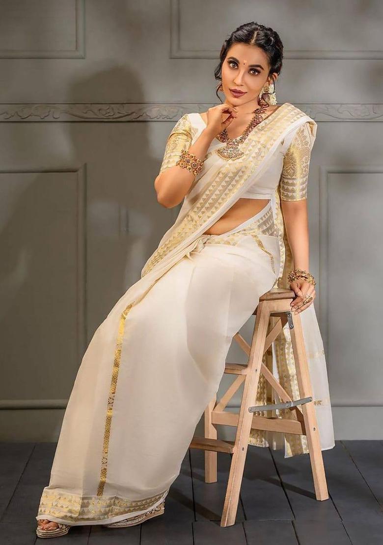 Beige Woven Design Silk Saree Set - Indya
